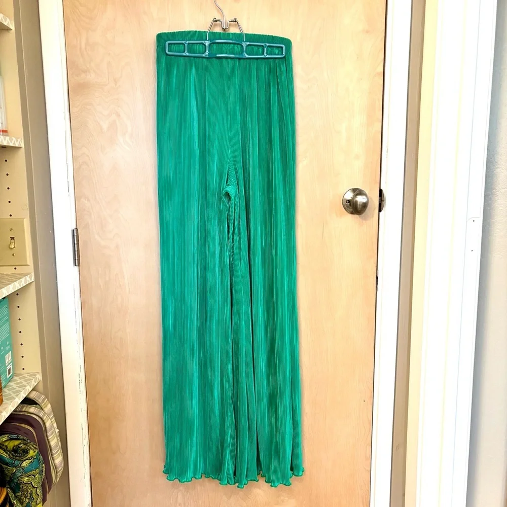 Peppermayo Muse Plisse Pants Size 8 Jade Green Disco Summer Artsy Festival Flowy - Picture 2 of 10